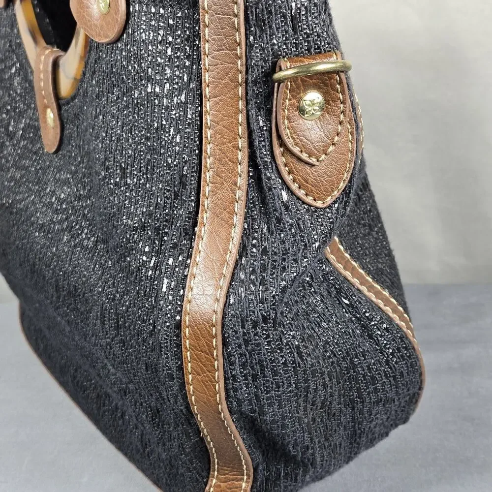 Relic‎ by Fossil Ring Handle Tote Black Woven Bag Brown Trim Tortoise Acrylic
